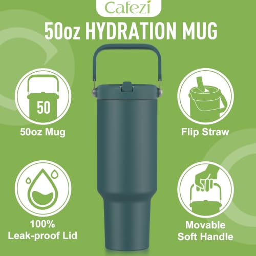 Image of 50oz Tumbler with Handle, Stainless Steel Water Bottles with Flip Straw and Top Handle, Leak Proof, Fits in Cup Holder, No Sweat, Cold for 30 Hours, Suitable for Home, Office, Outdoors, Car
