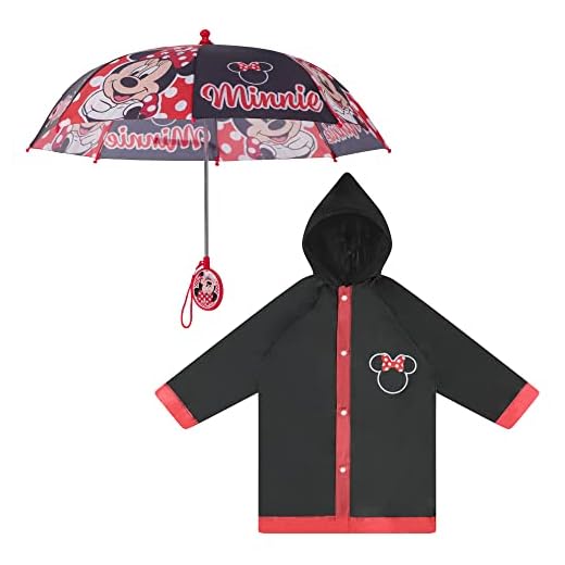Disney Umbrella and Slicker Set, Toddler or Little Girl Rainwear Ages 2-7, Minnie Mouse Black, SMALL, AGE 2-3