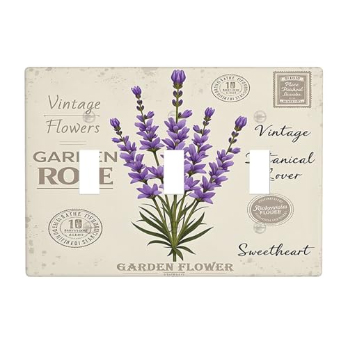 Moslion Purple Lavender 3-Gang Switch Plug Covers Violet Flower Vintage Postcard Stamp Triple Toggle Wall Plate Decor Light Covers for Home Kitchen Bedroom