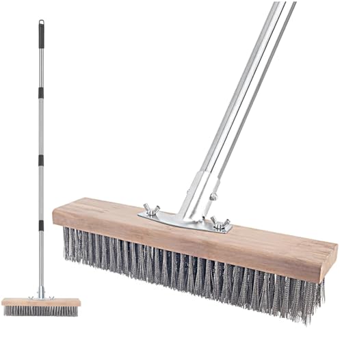 Stainless Stahldrahtbesen mit 149cm, Straßenbesen zum Entfernen von Unkraut, Moos, Algen und Hartnäckigen Flecken, Robuste Drahtbesen Metallbesen für Terrasse, Deck, Garten