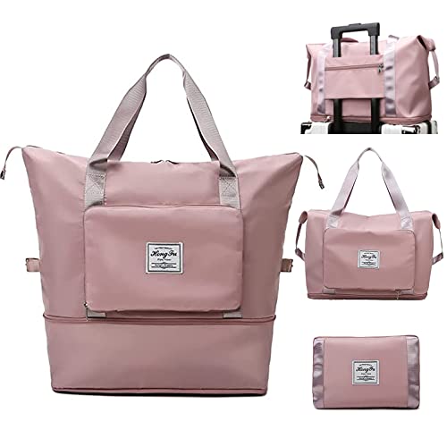 INVODA Travel Bag for Women Expandable Weekender Overnight Bag Carry on Sports Tote Gym Bag Waterproof Foldable Duffel Bag (Dark Pink)