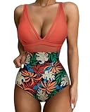 SUUKSESS Women Slimming Tummy Control One Piece Swimsuits Sexy Mesh High Waisted Monokini Bathing Suits (Coral Pink Leaf, M)