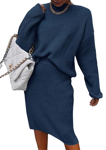 Image of Women 2 Piece Knit Sweater Skirt Set Midi Sweater Dress Long Sleeve Pullover Bodycon Knitted Skirt Set Outfit