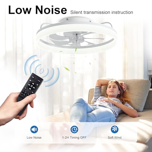Ceiling Fans with Lights and Remote, 20" Modern Low Profile Ceiling Fan with Light, Stepless Color Temperature Change and 6 Speeds, Flush Mount Ceiling Fans for Bedroom, Kids Room.(White)