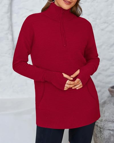 BTFBM Sweaters for Women Fall Clothes 2026 Pocket Quarter Zip Pullover V Neck Long Sleeve Knit Trendy Winter Sweater(Red, Medium) — view 5