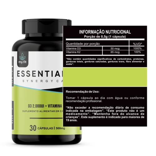 Kit 2x Essential D3 - Vitamina D (2000UI) + K2 (65 mcg) - Cápsulas Sinérgicas, 500mg - Suporte imuno