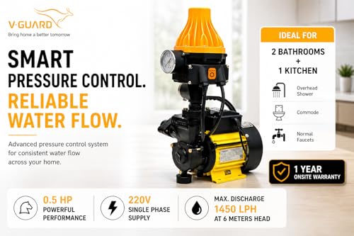 Image of V-Guard Automatic Pressure Booster Pump, with Intelli Pressure Sense Technology 0.5HP, 220V for upto 2-3 Bathrooms and Kitchen with, 1 YEAR ON-SITE WARRANTY