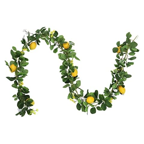 KWQBHW 6 Ft Artificial Lemon Garland, Spring Summer Fruit Garland Greenery Garland with Lemons and Flowers for Front Door Wall Mantle Wedding Table Decor(Green) Cover