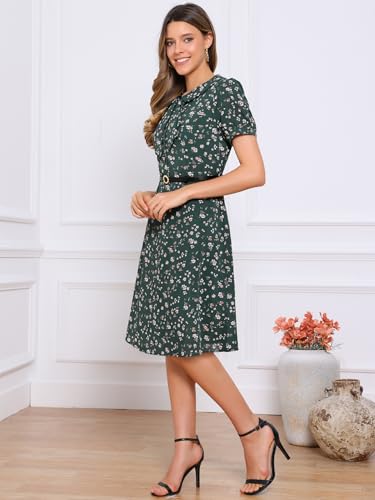 Image of Allegra K Women's Peter Pan Collar Tie Neck Short Sleeves A-Line Elegant Belted Vintage Floral Dress