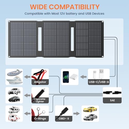 FlexSolar 28W 12V Portable Solar Panel Battery Charger Maintainer Kits Trickle Charger with Built-in Charge Controller, Cig Plug, Alligator Clips, O-Rings OBDII Connector for Car, Truck,Tractor, Boat - 3