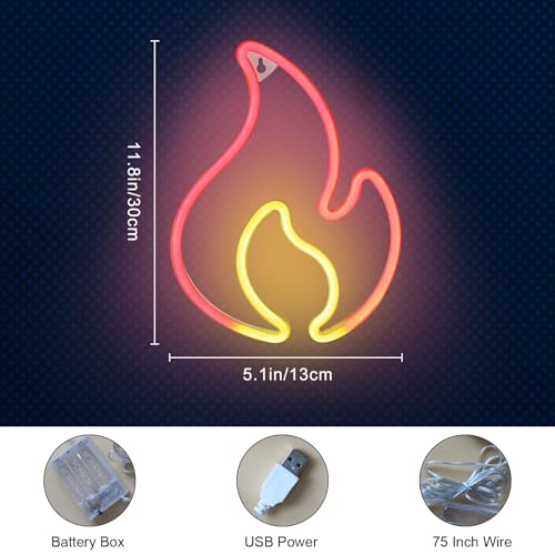 Image of Flame Neon Sign Flame Led Light Sign for Wall Decor Hanging Flame Shaped Light USB or Battery Powered Fire Neon Sign for Kids Boys Room Party Bar Birthday