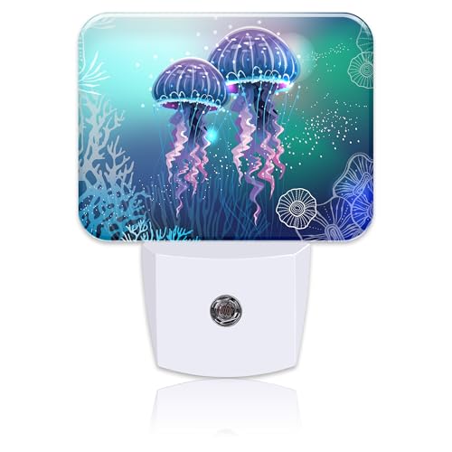 Image of Glowing Jellyfish in Deep Sea Night Light for Kids Girls Boys, Jellyfish LED Night Light Plug into Wall with Dusk to Dawn Sensor for Room, Hallway, Kitchen, Bathroom, Stairs Decor
