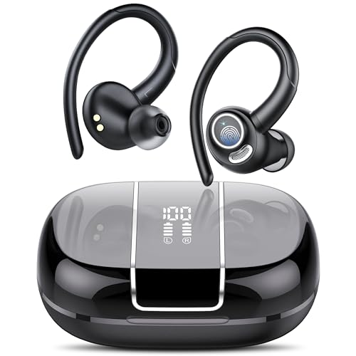Csasan Auriculares Inalámbricos Deportivos Bluetooth 5.3, Micrófono HD, 48H Reproducción HiFi Estéreo, Pantalla LED, Impermeables Para Running, Negro