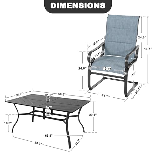 Image of NUU GARDEN 7-Piece Outdoor Patio Dining Set with 6 Padded Textilene C-Spring Chairs and 61 x 37 Inch Table with 1.8 Inch Umbrella Hole for Patio Deck Garden Backyard Indoor Outdoor Use Black Blue