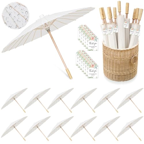 Sadnyy 12 Pcs 33 Inches Large White Polyester Paper Umbrella Parasol Chinese Japanese Parasol Rain Windproof with Thank You Tags Rope Wedding Favors for Guest Bulk Souvenirs for Bridal Party Favors