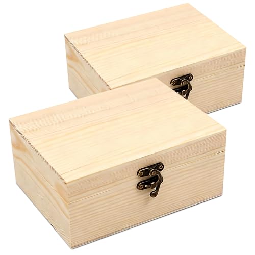 VIKOS Products Unfinished Unpainted Wooden Box with Hinged Lid for Crafts DIY Storage Jewelry Plain Pine Box - Small 6.7'x5.1'x3.1' - 2-Pack