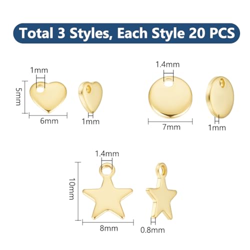 UNICRAFTALE about 60Pcs 3 Sizes Stainless Steel Heart Charms Stamping Blank Tag Mixed Shapes Bulk Charm Golden Star Charm Round Bead Charm for Bracelet Metal Small Charms for Necklace Jewelry Making - Image 3