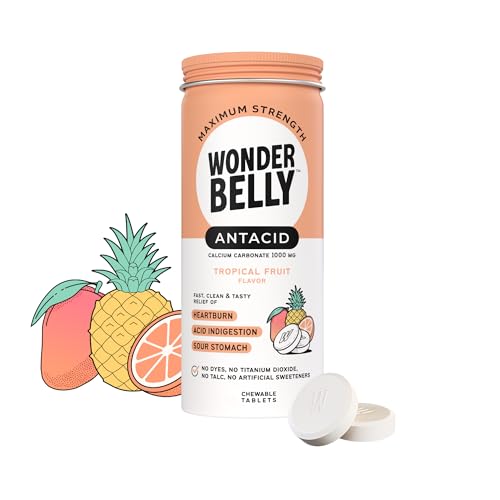 Wonderbelly Antacid Effective Heartburn and Instant Acid Indigestion Relief Extra Strength Chewable Tablets 1000 mg Calcium Carbonate No Talc or Dye Tropical Fruit 50 count
