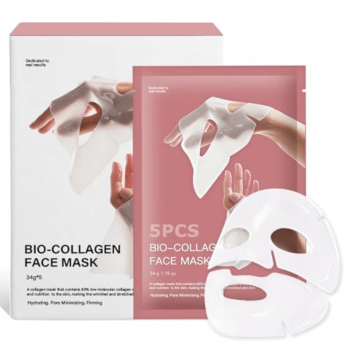 5 Stück Bio-Collagen Gesichtsmaske, Kollagen Hydrogel Pflegemaske, Anti-Aging und verjüngende für alle Hauttypen, Gesichtspflege Maske mit Hyaluronsäure