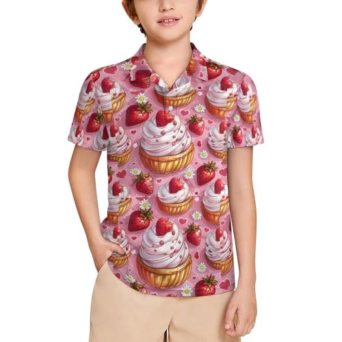 Boys' Classic Polo Shirts Short Sleeve Moisture-Wicking Golf & Tennis Shirts for Youth Teens Strawberry Cake Cute