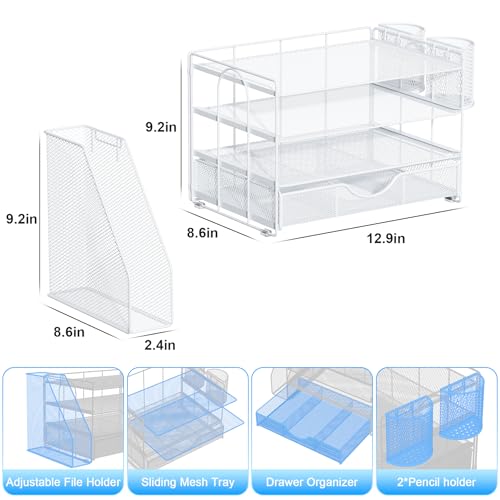 Image of gianotter Desk Organizers and Accessories with File Holder, 4-Tier Desk Accessories & Workspace Organizers with Drawer and 2 Pen Holder, Paper Organizer for Office Supplies (White)