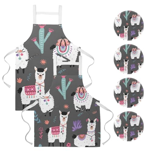 Tablier de cuisine multicolore grand format motif alpaga fleuri avec broches