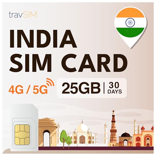 travSIM SIM Karte Indien | 25GB Mobile Daten mit 4G/5G Geschwindigkeiten für Indien – Voller Zugang zu Google, Facebook, Whatsapp & Mehr | Prepaid SIM Karte mit 30 Tagen Gültigkeit