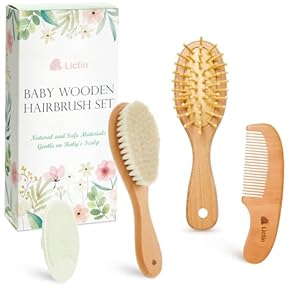 Lictin Baby Hair Brush and Comb Set, 4 Pcs Newborn Hair Brush with Soft Bristle, Natural Goat Hair and Wood Baby Cradle Cap Comb for Newborns & Toddlers, Newborn Baby Essentials, Perfect Registry Gift