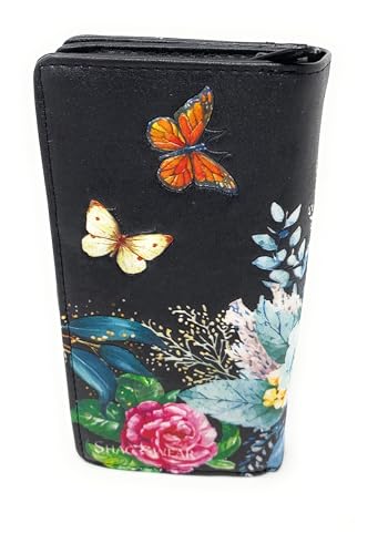 Shag Wear Floral Butterflies Large Insect Wallet for Women and Teen Girls Vegan Faux Leather Black 7"2