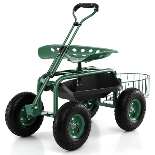 Toolsempire Garden Seat with Wheels, Rolling Stool with Extendable Handle, Storage Basket & Tool Tray, Garden Scooter with 360 Degree Swivel Seat for Outdoor & Yard (Green)