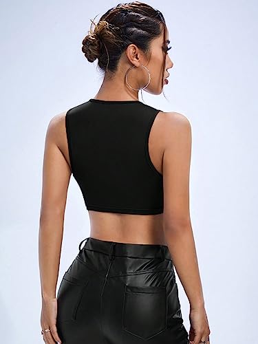 OYOANGLE Women's Cut Out Lace Up Round Neck Tie Front Asymmetrical Hem Crop Tank Top2