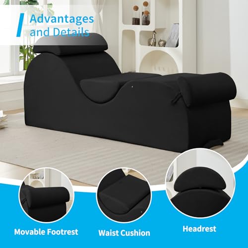 Mjkone Yoga Chair for Adult, Chaise Lounge Chair with Side Pockets, Velvet Curved Yoga Sofa with Headrest, Waist Cushion, Movable Footrest for Relaxation Stretching for Bedroom, Black
