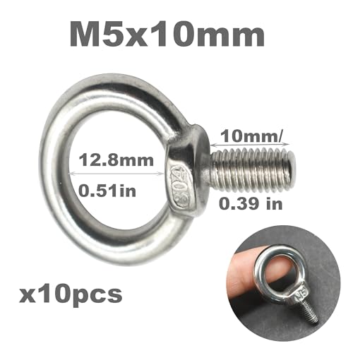 Image of Stainless M5 Eyebolt 0.39 inch(10mm) Long Male Ring Threaded Screw Lifting Shoulder Eye Bolts with Nuts Washers,10 PCS