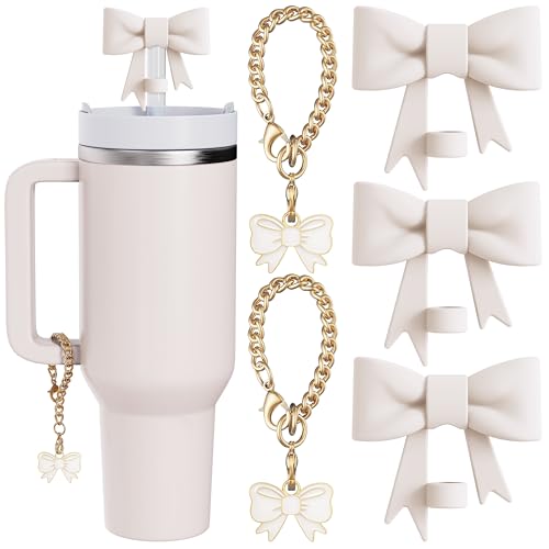 Compatible with Stanley Cup Accessories - 3Pcs 10mm Bow Straw Topper Compatible with Stanley Cup Straw Cover Cap, 2pcs White Bow Charms for Stanley 30&40 Oz Tumbler with Handle