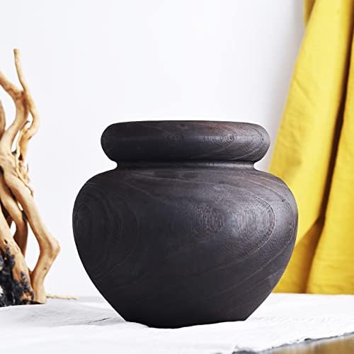 Paulownia Wooden Vase, Rustic Wooden Vase for Home Decor, Farmhouse Rustic Round Wood Vases for Decor Table Centerpiece, Vintage Black Brown Wood Vase, Shelf Décor, Coffee Table Décor,Wood Vase