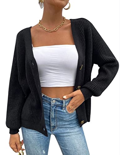 Chigant Womens Sweaters Cardigans V-Neck Soft Loose Cropped Blouse Tops Lantern Sleeve Winter Cardigans,Black-Large