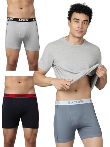 Image of Levi's 007A Classic Boxer Briefs for Men | 100% Pure Cotton | Solid Men's Underwear | Breathable | Anti-Roll Waistband | Extra Supportive Gusset | Functional Fly | Long Length Fit | Pack of 3