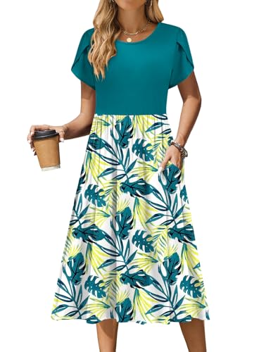 Image of Zeagoo Flowy Sundress with Pockets Summer Loose Shift Dress Crewneck Short Sleeve Midi Dress Alin Swing Dress Casual Floral Print Dress Tropical Dress 2025,XL