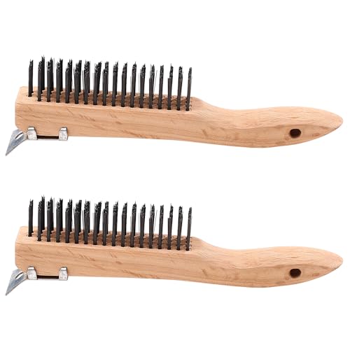 Image of Wire Brush Wooden Curved Handle Scratch Brushes with Scraper,Wire Brushes for Cleaning Welding Slags and Rust,Carbon Steel Wire,2PCS