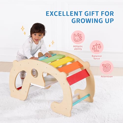 OOOK 2 in 1 Rainbow Climbing Toys - Pikler Montessori Climbing Set, Wooden Rocking Horse Toy, Children Indoor Outdoor Play Gym Learning Playset, Playground for Kids Present