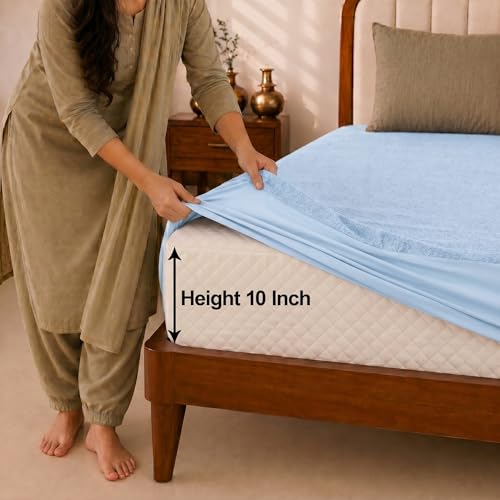 Image of Glassiano Cotton Feel Terry Ultra Soft Waterproof Mattress Protector | Breathable - Hypoallergenic Mattresses Cover with Elastic Strap for Queen Bed (84x66 inch|7x5.5 feet, Blue - Pack of 1)