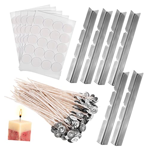 ARTIBETTER Candle Wick Base Holders 120pcs Wicks 6pcs Holders 5pcs Stickers Complete Candle Making Supplies Kit for DIY Projects