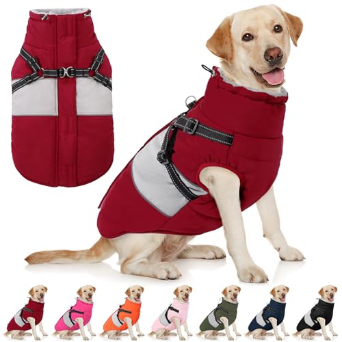 Image of AOFITEE Dog Winter Coat, Dog Coat with Harness Built in, Dogs Jacket for Large Dogs, Reflective Waterproof Pet Puffer Jacket Snowsuit, Warm Fleece Windproof Pet Sweater for Cold Weather, XL