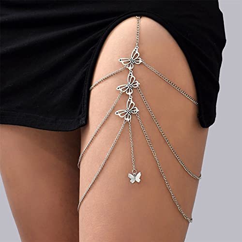 BCDZZ Körperkette für Frauen Retro Gold Geschichtetes Oberschenkelkette Elastische Boho Bikini Party Körperkette Strand Hottie Beinkette Schmuck für Frauen Mädchen,Silber 18cm Cover