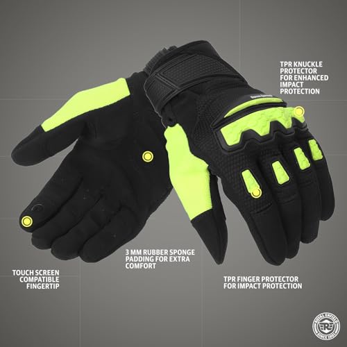Image of Royal Enfield Urban Hustler V2 Riding Gloves 100% Polyester Air Mesh for Ventilation | TPR Knuckle Protectors | Microsuede Grip Patch | Poly Stretch Fabric for Better Flexibility NEON Green L 22CM