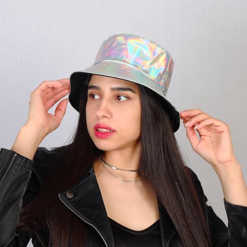 Image of Unisex Black Bucket Hat Waterproof Rain Hat Reversible Shiny Rave Bucket Hat for Concert Festival