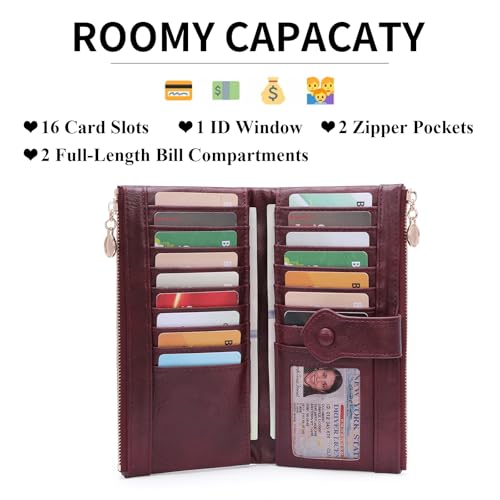 Image of GOIACII Wallet for Women Ladies Wallets Double Zippers Clutch Purse Red | Bifold Ladies Card Holder,Zipper Pockets,Ladies Wallets,Vintage Wallets for Women