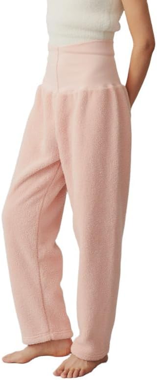 Women's Winter Coral Fleece High Waisted Warm Pj Pants Lounge Straight Leg Sleepwear