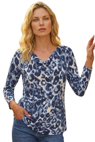 Image of Roman Cowl Neck Top for Womens UK - Ladies Jersey Blouse Stretch Ruched Waist Flattering Smart Casual Formal Party Work Office Autumn Winter Shirt 3/4 Sleeve Navy Ivory