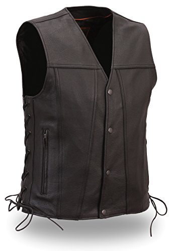 First Manufacturing Mens The Gambler Black Leather Motorcycle Vest Solid Back for Patches (M, Black)